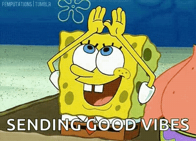 Spongebob Squarepants Is Smiling And Giving A High Five While Sitting On The Beach . GIF
