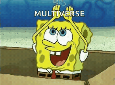 Spongebob Squarepants Is Smiling And Holding His Hands Over His Head With The Words Multiverse Written Above Him GIF