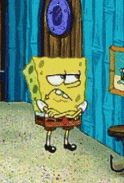 Spongebob Squarepants Is Standing In A Room With His Arms Crossed And A Clock On The Wall . GIF