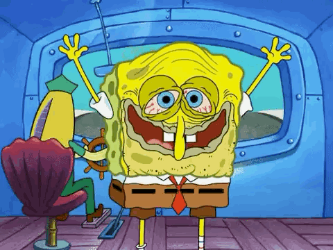 Spongebob Squarepants Is Standing In Front Of A Window With His Arms In The Air . GIF