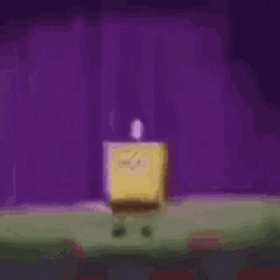 Spongebob Squarepants Is Standing On A Stage With A Purple Curtain Behind Him . GIF