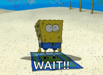 Spongebob Squarepants Is Standing On A Towel On The Beach With The Words Wait Written Below Him . GIF