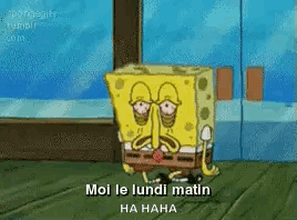 Spongebob Squarepants Is Standing On A Wooden Floor In Front Of A Window And Talking In French . GIF