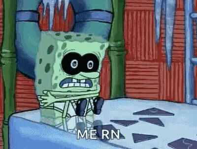 Spongebob Squarepants Is Wearing A Mask And Sitting On A Ice Cube . GIF