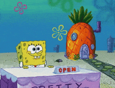 SpongeBob Standing Behind Table Saying Open GIF