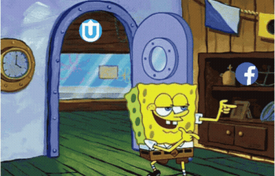 SpongeBob Standing In Front Of Facebook Logo Door GIF