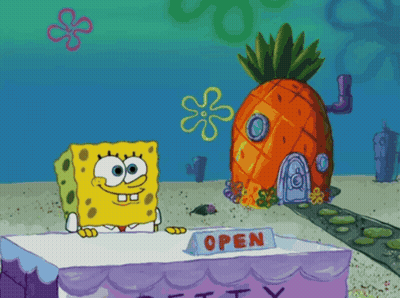 SpongeBob Standing In Front Of Open Sign GIF