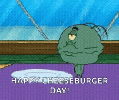 SpongeBob Standing Next To Happy Cheeseburger Day Plate GIF