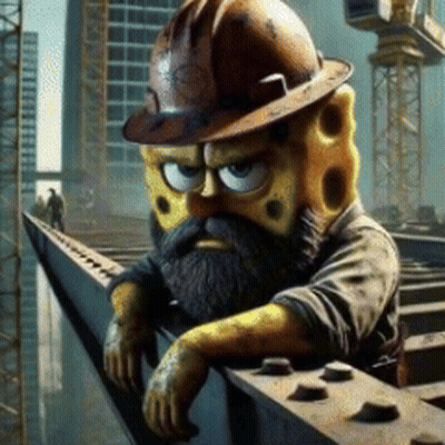 Spongebob Wearing A Hard Hat And A Beard Is Leaning On A Railing GIF