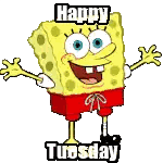 SpongeBob Wearing Red Shorts Saying Happy Tuesday Sticker