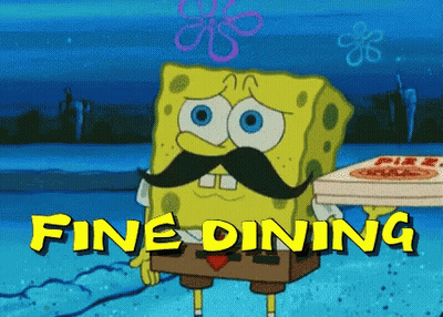 SpongeBob With Mustache Holding Pizza Saying Fine Dining GIF