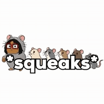 Squeaks Logo Girl In Mouse Costume Beside Mice GIF