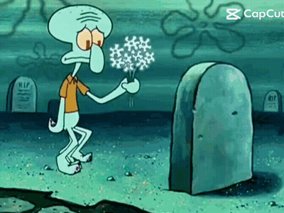 Squidward From Spongebob Is Holding A Bouquet Of Flowers In Front Of A Grave GIF
