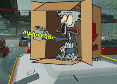 squidward from spongebob is holding a mug in a cardboard box with alpha code written on it