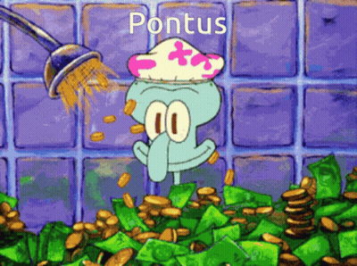 Squidward From Spongebob Is Showering With Coins And The Word Pontus Is On The Bottom GIF