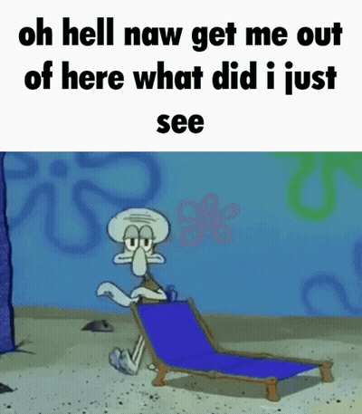 Squidward From Spongebob Is Sitting In A Blue Chair On The Beach . GIF