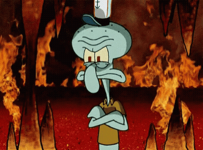 Squidward From Spongebob Is Standing In Front Of A Fire With His Arms Crossed GIF