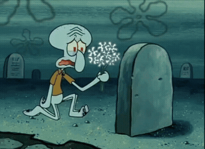 Squidward From Spongebob Kneeling In Front Of A Grave With Rip Written On It GIF