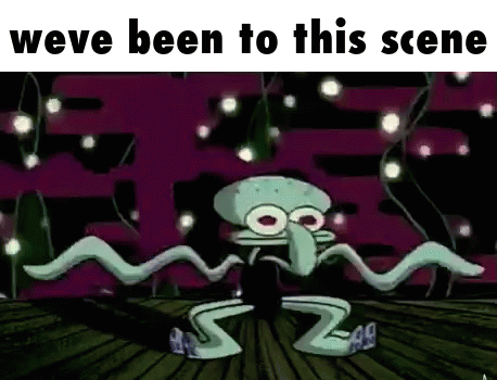 Squidward From Spongebob Squarepants Is Dancing On A Wooden Floor In Front Of A Purple Background . GIF