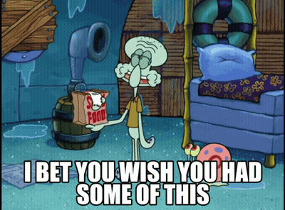 Squidward From Spongebob Squarepants Is Holding A Bag Of Food GIF