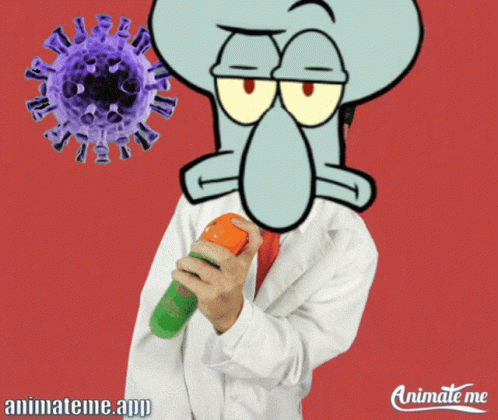 Squidward From Spongebob Squarepants Is Holding A Spray Bottle In Front Of A Virus GIF