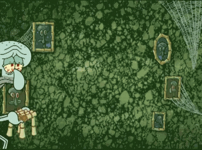 Squidward From Spongebob Squarepants Is Sitting In Front Of A Wall Of Pictures GIF