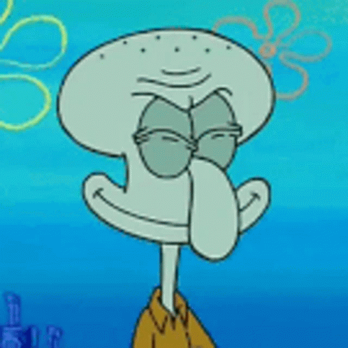 Squidward From Spongebob Squarepants Is Smiling With His Eyes Closed And His Tongue Sticking Out . GIF