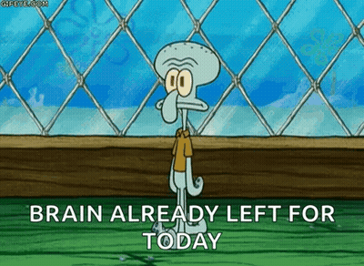 Squidward From Spongebob Squarepants Is Standing In Front Of A Chain Link Fence With The Words Brain Already Left For To GIF
