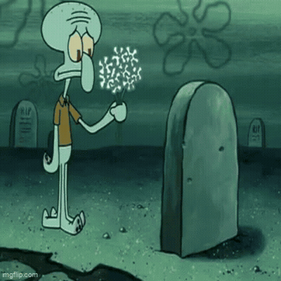 Squidward From Spongebob Squarepants Is Standing In Front Of A Grave Holding A Bouquet Of Dandelions . GIF