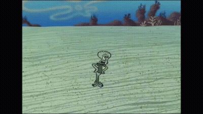 Squidward From Spongebob Squarepants Is Standing In The Sand On The Beach GIF