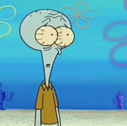 Squidward From Spongebob Squarepants Is Standing On A Beach With His Arms Crossed And Smiling . GIF
