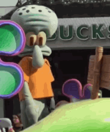 Squidward From Spongebob Squarepants Is Wearing Sunglasses And Standing In Front Of A Starbucks . GIF