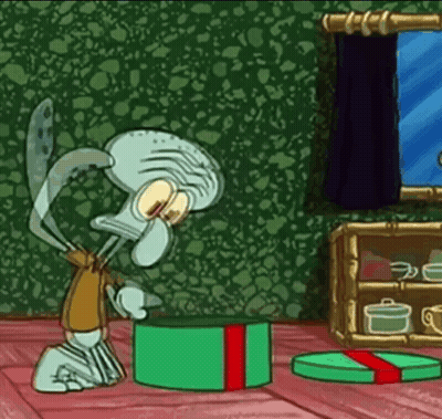 Squidward From SpongeBob SquarePants Looking Into Green Gift Box GIF