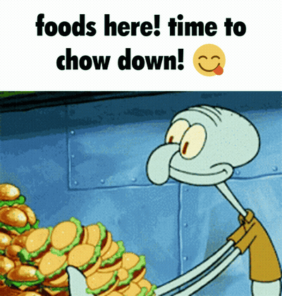 Squidward Holding Hamburgers Saying Foods Here Time To Chow Down GIF
