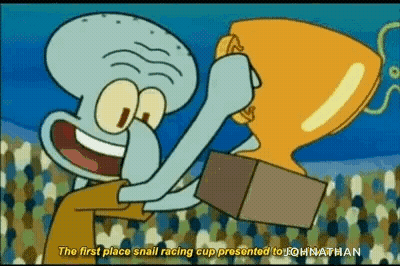 Squidward Holding Trophy In Front Of Crowd GIF