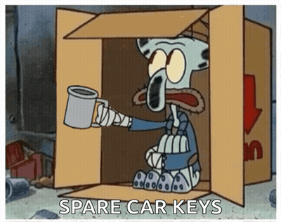Squidward Sitting In Cardboard Box Holding Mug Asking For Spare Car Keys GIF