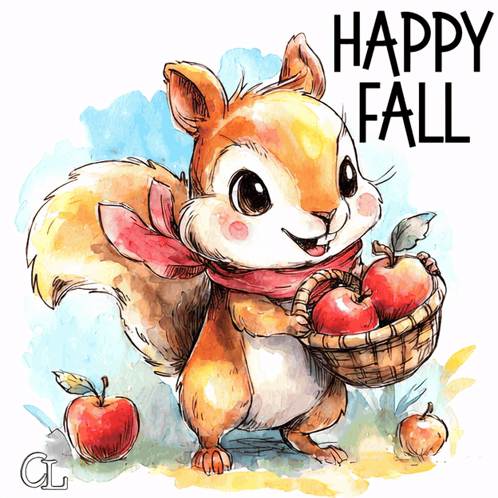 Squirrel Holding Basket Of Apples Happy Fall GIF
