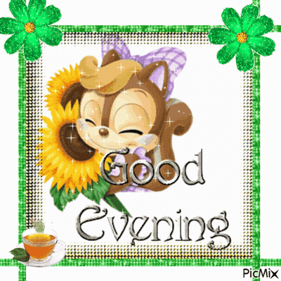 Squirrel Holding Sunflower Saying Good Evening GIF