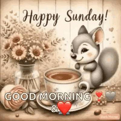 Squirrel Sitting Next To Coffee And Flowers On Wooden Table GIF