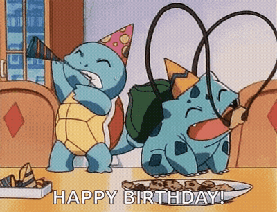 Squirtle And Bulbasaur Celebrating Birthday With Party Horn GIF