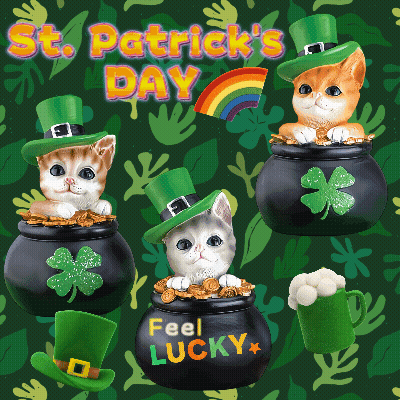 St. Patrick's Day Greeting Card With Three Cats In Pots Of Gold GIF