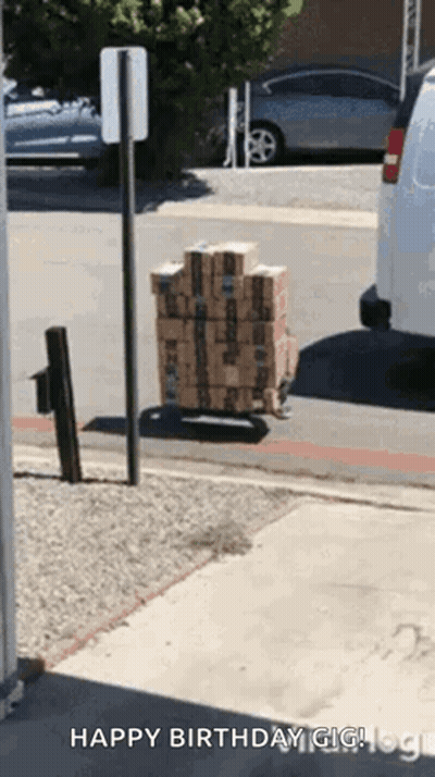 Stack Of Boxes On Cart Saying Happy Birthday Gig GIF