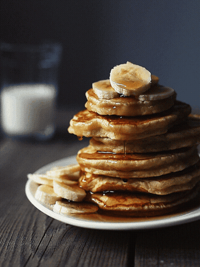 Stack Of Pancakes With Bananas And Syrup GIF