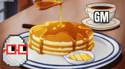 Stack Of Pancakes With Syrup And Coffee Saying GM GIF