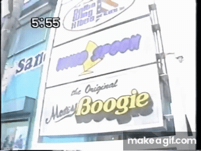 Stack Of Signs On Building Saying The Original Boogie GIF