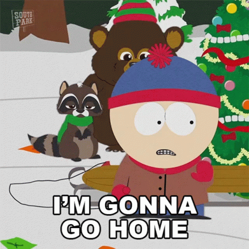 Stan Marsh From South Park Says " I 'M Gonna Go Home " In Front Of A Raccoon And A Christmas Tree GIF