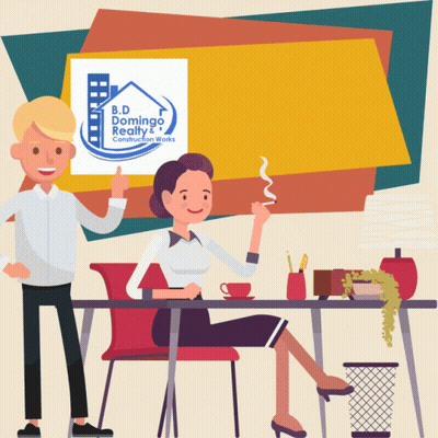 Standing Man And Sitting Woman With B.D. Domingo Realty Logo GIF
