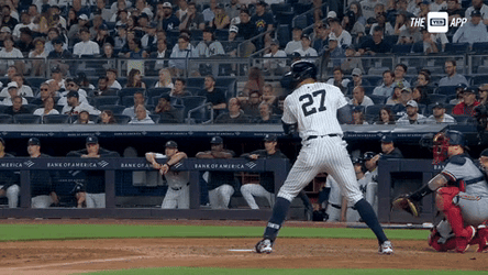 Stanton Hits Baseball Run Field GIF