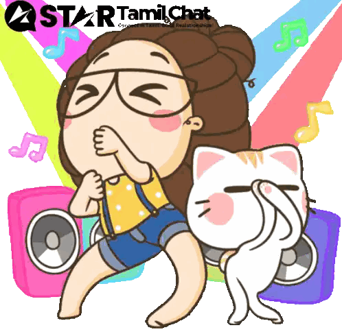Star Tamil Chat Cartoon Girl And Cat Sticker