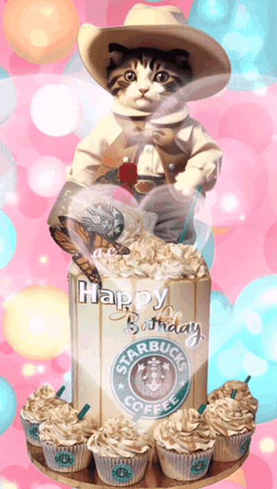 Starbucks Birthday Cake With Cupcakes And Cat GIF